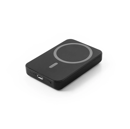 black AMPERE 5. Power bank magnético de 5\'000 mAh con cargador inalámbrico superrápido de 15W en ABS reciclado (100% rABS)