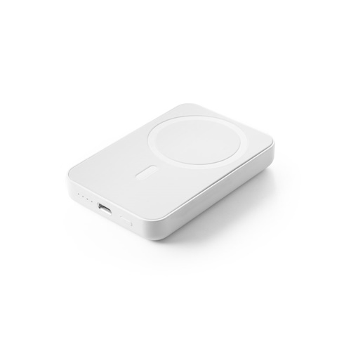 white AMPERE 5. Power bank magnético de 5\'000 mAh con cargador inalámbrico superrápido de 15W en ABS reciclado (100% rABS)