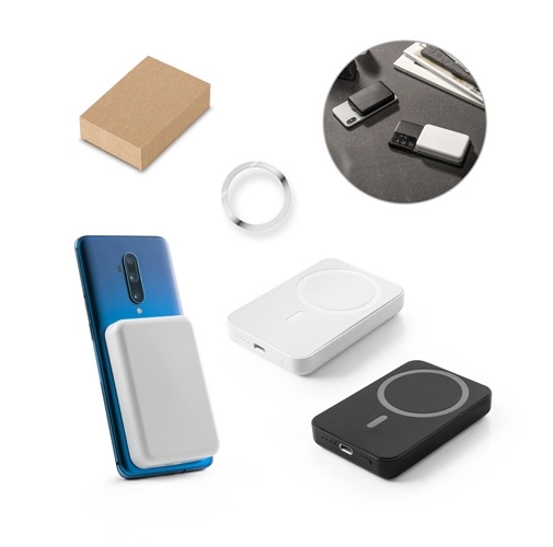 AMPERE 5. Power bank magnético de 5\'000 mAh con cargador inalámbrico superrápido de 15W en ABS reciclado (100% rABS)