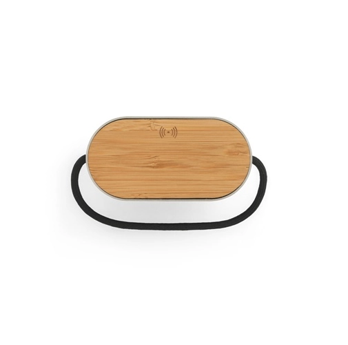 gris oscuro GUETTA. Altavoz portátil de 5 W con cargador inalámbrico ultrarrápido de 15 W y 2 h de duración de batería fabricado en bambú y PET reciclado (100% rPET)