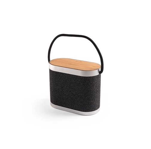 gris oscuro GUETTA. Altavoz portátil de 5 W con cargador inalámbrico ultrarrápido de 15 W y 2 h de duración de batería fabricado en bambú y PET reciclado (100% rPET)