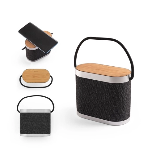 GUETTA. Altavoz portátil de 5 W con cargador inalámbrico ultrarrápido de 15 W y 2 h de duración de batería fabricado en bambú y PET reciclado (100% rPET)