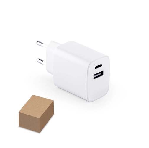 WEGENER. Adaptador de corriente con puerto USB-A de 18 W y USB-C de 20 W en ABS reciclado (100% rABS)