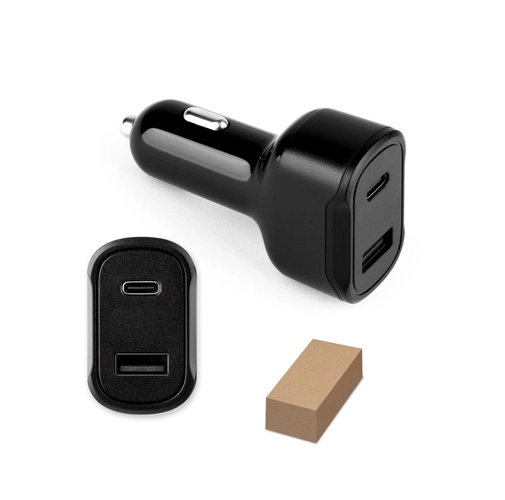 DIRAC. Adaptador para mechero con puerto USB-A de 18 W y USB-C de 20 W en 100% rABS