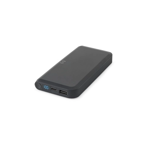 black BECKER 10. Batería externa de 10 000 mAh en ABS reciclado (100 % rABS) con cargador inalámbrico ultrarrápido de 15 W