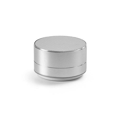cromado satinado FLOREY. Altavoz portátil de 3W con 3h de autonomía, fabricado en aluminio reciclado (100% rAL) y ABS reciclado (100% rABS)