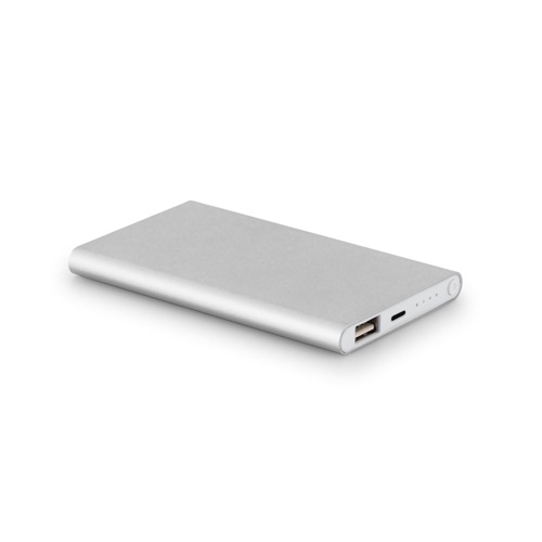 cromado satinado MARCET. Power bank slim 4\'000 mAh, fabricado en aluminio reciclado (100% rAL) y ABS reciclado (100% rABS)