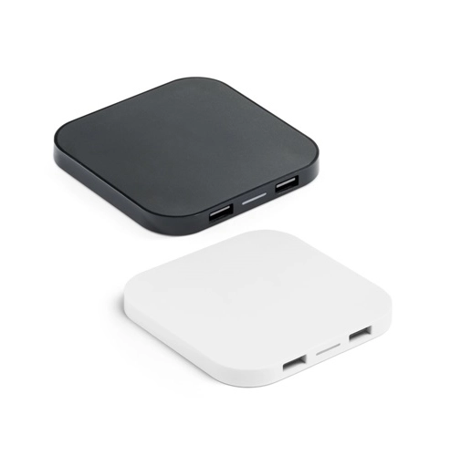 CAROLINE. Cargador inalámbrico superrápido de 15W con HUB 2 puertos USB-A, fabricado en ABS reciclado (60% rABS)