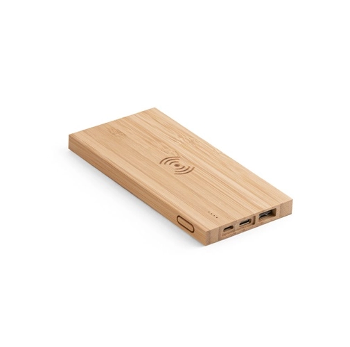 natural FITCH. Power bank 5\'000 mAh con cargador inalámbrico de 5W, fabricado en bambú
