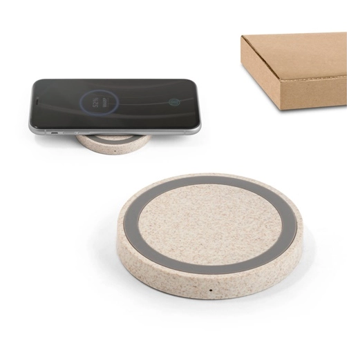 CUVIER. CARGADOR INALÁMBRICO DE 5W, FABRICADO EN ABS Y FIBRA DE PAJA