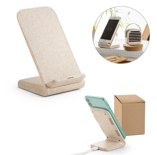 ENGLERT. Soporte para smartphone con cargador inalámbrico, rápido, de 10 W en ABS reciclado (70% rABS) y fibra de paja de trigo