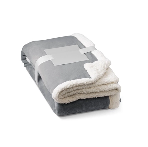 gray HEIDEN. Manta polar reversible (190 g/m²) con cinta de raso y tarjeta personalizada