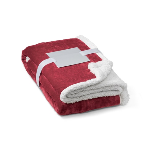 burdeos HEIDEN. Manta polar reversible (190 g/m²) con cinta de raso y tarjeta personalizada