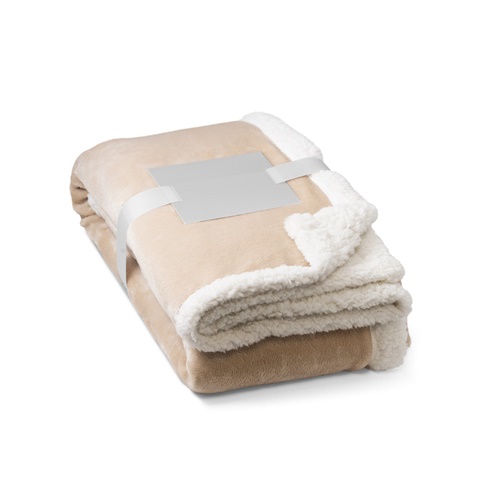 beige HEIDEN. Manta polar reversible (190 g/m²) con cinta de raso y tarjeta personalizada