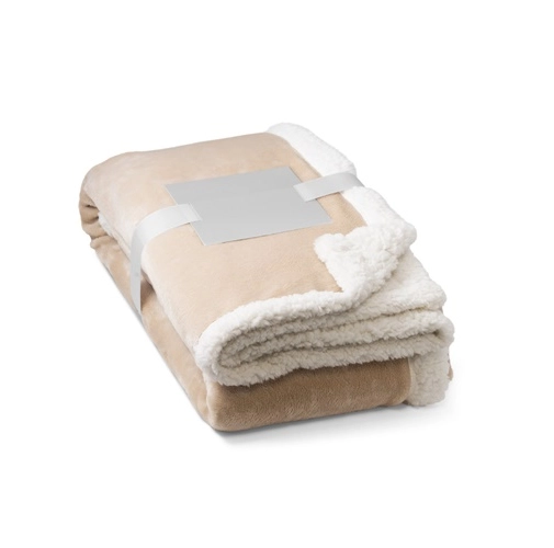 beige HEIDEN. Manta polar reversible (190 g/m²) con cinta de raso y tarjeta personalizada