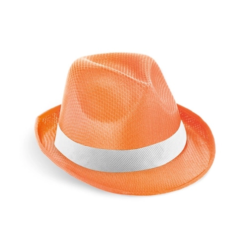 orange MANOLO POLI. Gorro en PP con cinta de poliéster blanca