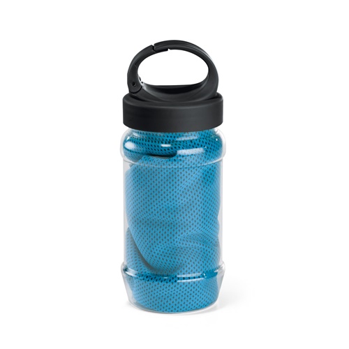 azul claro ARTX PLUS. Conjunto que incluye una botella hecha en PP y PET y una toalla refrescante deportiva de poliamida y poliéster