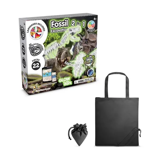 black 2 in 1 Fossil Excavation Kit V. Juego educativo suministrado con una bolsa de regalo plegable de 190T