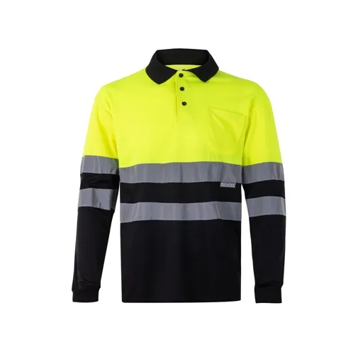 black VL VULCAN. Polo bicolor ojo de pájaro (160g/m²) con manga larga, en poliéster (100%)