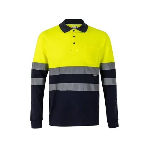 azul marino VL PLUTO. Polo de piqué bicolor (150g/m²) con manga larga, en algodón (55%) y poliéster (45%)