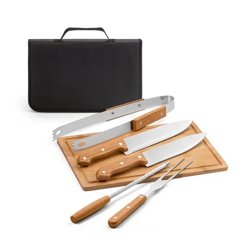 FLARE. Conjunto de 5 utensilios para barbacoa y tabla de bambú. Hecho en madera y acero inoxidable