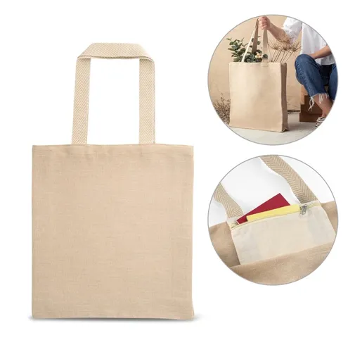 PADOVA. Saco de juco (275 g/m²) com bolso interior em 100% algodão (120 g/m²)