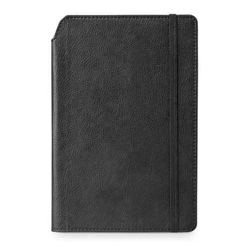 black MORIAH. Bloc de notas A5 en PU con hojas rayadas, fabricado con material certificado FSC™ y otros materiales controlados