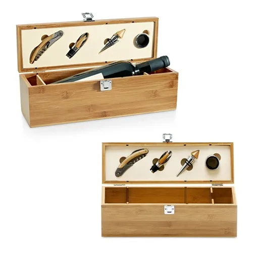 SYRAH. Set de vino suministrado en caja, fabricado en bambú, zinc y acero inoxidable