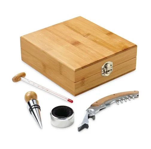 CABERNET. SET DE VINO SUMINISTRADO EN CAJA, FABRICADO EN BAMBÚ, ZINC Y ACERO INOXIDABLE