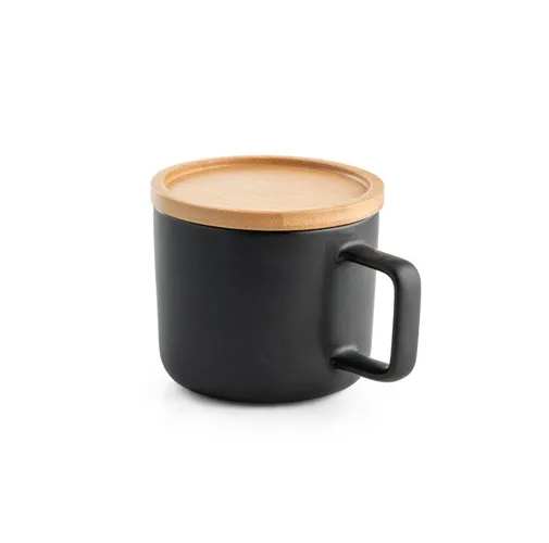 black FANGIO. Taza de cerámica con tapa y base de bambú de 220 mL