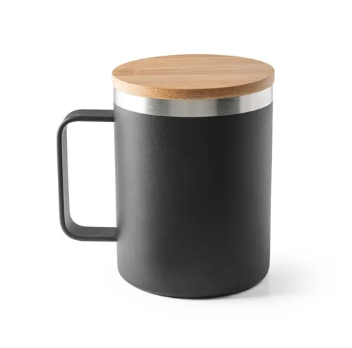 black LAUDA. Taza de acero inoxidable 90% reciclado con tapa de bambú 420 mL