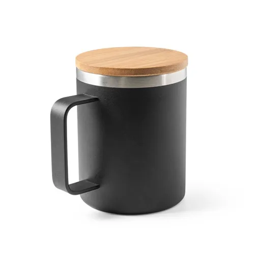 black LAUDA. Taza de acero inoxidable 90% reciclado con tapa de bambú 420 mL
