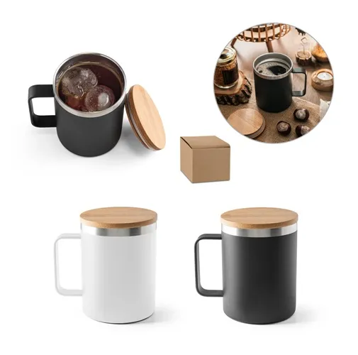 LAUDA. TAZA DE ACERO INOXIDABLE 90% RECICLADO CON TAPA DE BAMBÚ 420 ML