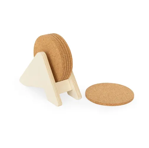 natural PLYCORK. Soporte de madera contrachapada con 6 posavasos de corcho