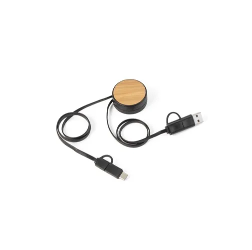 black RUBINS. Cable USB retráctil 6 en 1 en ABS reciclado (100% rABS) y bambú
