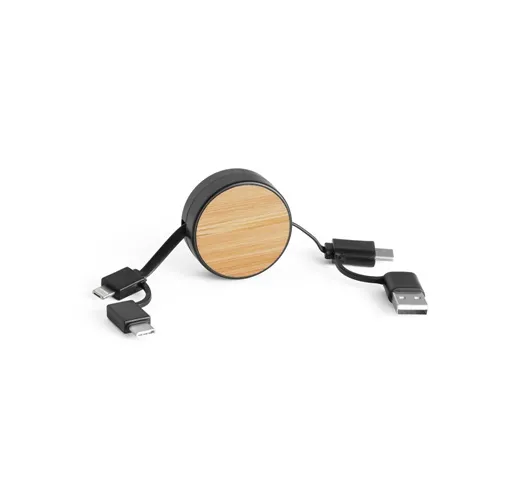 black RUBINS. Cable USB retráctil 6 en 1 en ABS reciclado (100% rABS) y bambú