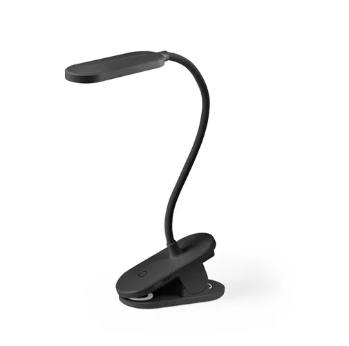 black NESBIT II. Lámpara de escritorio portátil con clip y 30h de autonomía, fabricados al 65% rABS