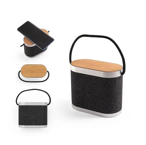 GUETTA. ALTAVOZ PORTÁTIL DE 5 W CON CARGADOR INALÁMBRICO ULTRARRÁPIDO DE 15 W Y 2 H DE DURACIÓN DE BATERÍA FABRICADO EN BAMBÚ Y PET RECICLADO (100% RPET)