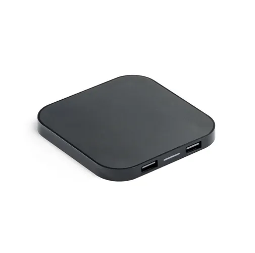 black CAROLINE. Cargador inalámbrico superrápido de 15W con HUB 2 puertos USB-A, fabricado en ABS reciclado (100% rABS)