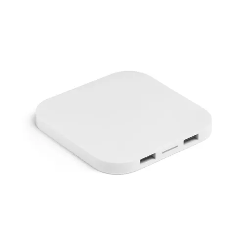 white CAROLINE. Cargador inalámbrico superrápido de 15W con HUB 2 puertos USB-A, fabricado en ABS reciclado (100% rABS)