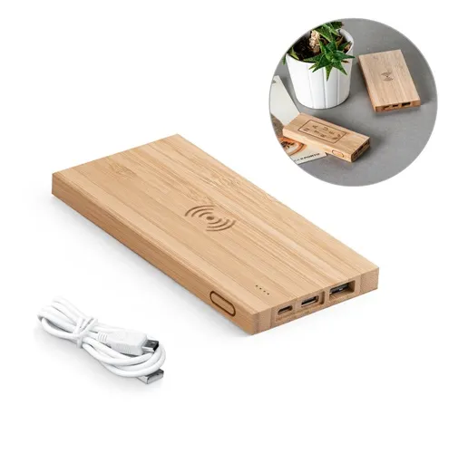 FITCH. POWER BANK 5'000 MAH CON CARGADOR INALÁMBRICO DE 5W, FABRICADO EN BAMBÚ