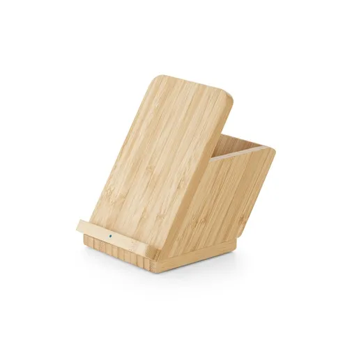 natural LEAVITT. Soporte para smartphone y porta bolígrafo con cargador inalámbrico rápido de 10 W en bambú