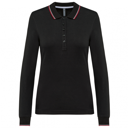 black / red / white Polo piqué manga larga mujer