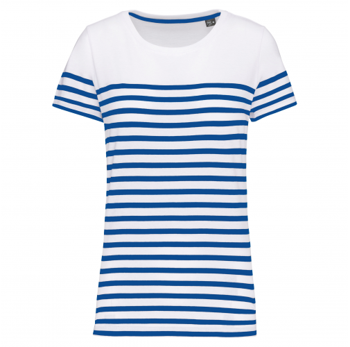 white / royal blue stripe Camiseta marinera algodón orgánico mujer