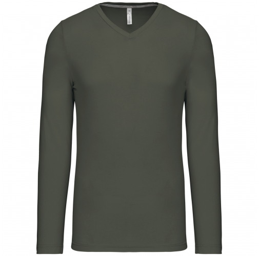 dark khaki Camiseta de manga larga y cuello de pico de hombre