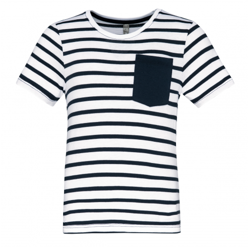 white / navy stripes Camiseta Marinero a rayas con bolsillo manga corta para niños