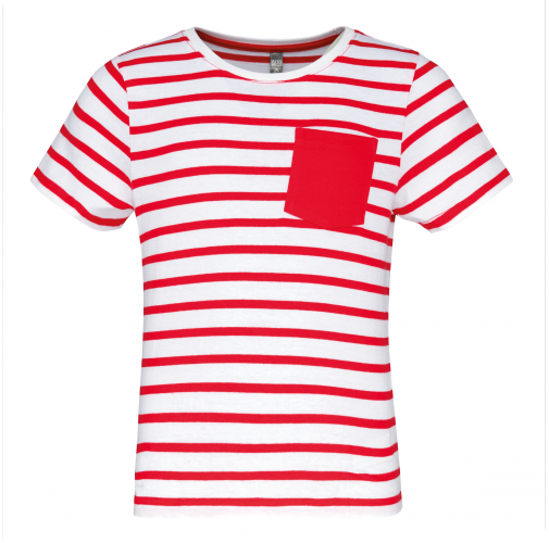 white / red stripe Camiseta Marinero a rayas con bolsillo manga corta para niños