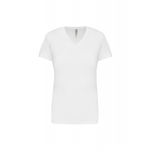 white Camiseta de manga cota y cuello de pico mujer