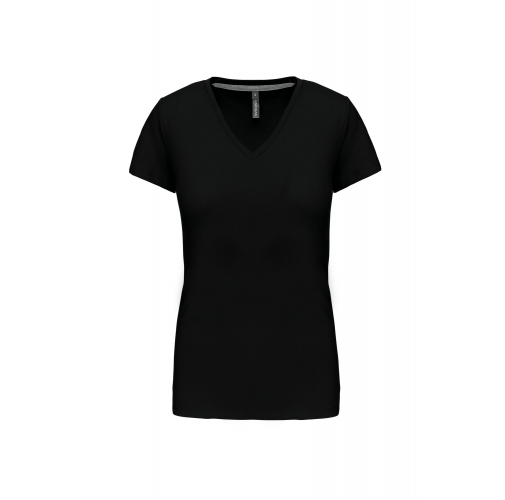 black Camiseta de manga cota y cuello de pico mujer