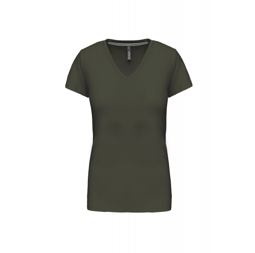 dark khaki Camiseta de manga cota y cuello de pico mujer